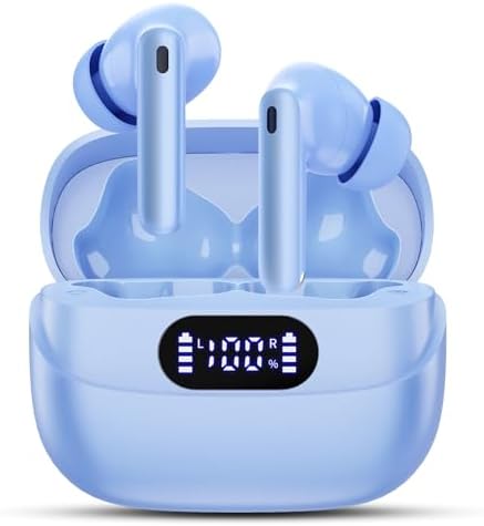 TUMJUN Ocean Blue Wireless Earbuds: Premium Bluetooth 5.3 Headphones with 42-Hour Playtime, IPX7 Waterproof Design, and Superior Noise Cancelling for Ultimate Audio Experience, Ergonomic Comfort Fit, LED Battery Indicator, Compatible with i OS & Android Devices for Effortless Listening on the Go