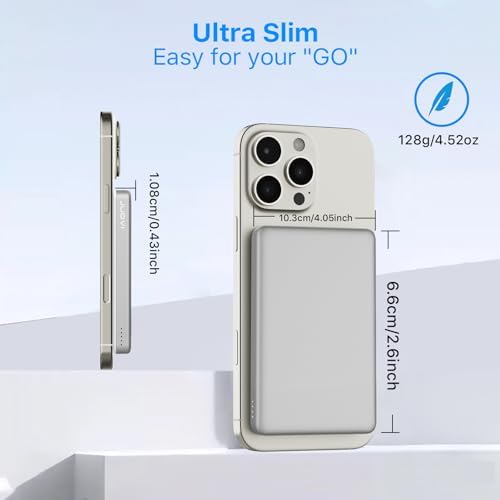 Ultra-Slim Magnetic Wireless Power Bank – 5000 m Ah High-Speed 20 W PD Charger for i Phone 16, 15, 14 & More – Lightweight Portable Battery Pack with USB-C Cable – Ideal for Air Pods & Apple Watch – Premium Safety Features for Reliable On-the-Go Charging – Effortless Compatibility with All Type-C Devices