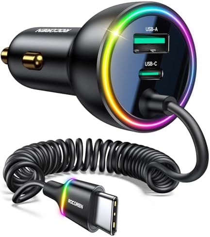 Rocoren 70 W USB C Car Charger with 5.2 Ft Coiled Cable – Rapid Fast Charging Solution for i Phone 16/15 Pro Max, i Pad, Samsung, and Android Devices – Ultimate Compatibility & Safety Features for On-the-Go Power Needs