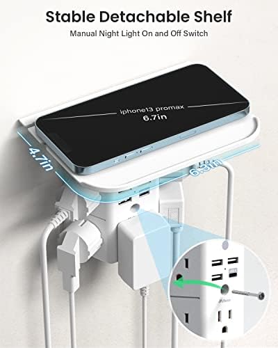Revolutionary Wall Outlet Extender with Integrated Shelf & Adjustable Night Light – 5 USB Ports Including Rapid USB-C Charging, Surge Protection, and Compact Design for Enhanced Organization and Efficiency