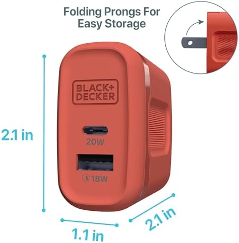 BLACK+DECKER 38 W Dual-Port Fast Charging Wall Adapter – Compact USB-C & Type C Quick Charge Power Supply with Qualcomm QC 3.0 – Perfect for Home, Office & Travel – Versatile PD Charger for Smartphones, Tablets & More