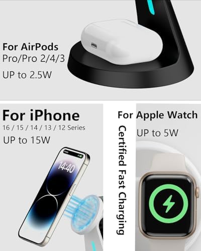 3-in-1 Mag Safe Wireless Charging Station: Fast 15 W Charger for i Phone 16/15/14/13/12, Apple Watch, and Air Pods – Compact Design for Clutter-Free Workspaces with Enhanced Magnetic Alignment and Safe Charging Technology