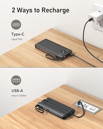 VEEKTOMX 10,000 m Ah Portable Power Bank with Integrated Charging Cables – Slim, Lightweight Fast Charger for i Phone, Samsung, and Android Devices – Essential Travel Companion with Intelligent Charging Technology for On-the-Go Convenience