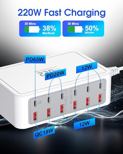 220 W Ga N USB-C Charging Station – 12-Port High-Speed Hub with 65 W Laptop Adapter for Mac Book, i Pad, and More – Sleek Black Multi-Device Power Solution for Home, Office, and Travel – Efficient Charging for Tech Enthusiasts and Families