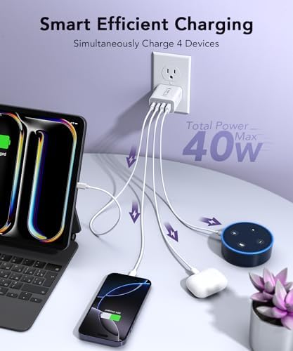 40 W USB C Multi-Device Fast Charger – 4-Port Power Adapter for i Phone & Samsung – Sleek Black Compact Travel Charger with Dual PD & QC Technology for Efficient Home and On-the-Go Charging Solutions – Perfect for Busy Professionals and Families