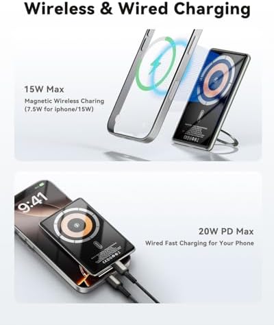 Kuulaa Slim Magnetic Portable Power Bank for i Phone – 5000 m Ah PD 20 W Fast Charging Battery Pack with Rotating Stand for Mag Safe Compatible i Phone 12/13/14/15/16 Series (Titanium Finish) – Ultimate On-the-Go Charging Solution