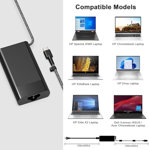 Versatile 65 W USB-C Laptop Charger for HP – Premium Dual Voltage AC Adapter for Spectre, Elitebook, Envy, and Chromebook Models – Ideal for Home, Office, and Travel with Rapid Charge Technology – Enhanced Compatibility and Efficiency for All Your HP Devices