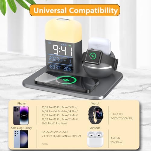 Ultimate 9-in-1 Wireless Charging Station with Integrated Alarm Clock and Night Light – Fast Qi-Certified Docking Solution for Apple Devices with 30 W Ga N Charger and USB Port – Stylish Blue Design for Clutter-Free Bedside Charging