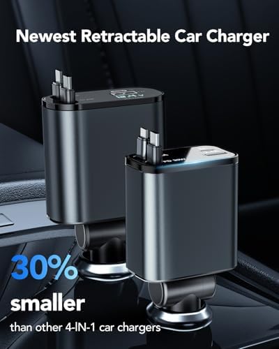 2025 Ultra-Compact 4-in-1 Retractable Car Charger – 69 W Fast Charging Adapter for i Phone 16, Galaxy and More – Innovative Space-Saving Design with Multiple Ports for Simultaneous Device Powering – Essential Car Accessory for Daily Commutes and Road Trips