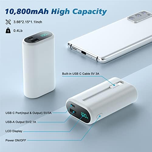 Compact 10800 m Ah Portable Charger with Built-in USB-C Cable – Fast PD 3 A Power Bank for Samsung Galaxy S22/S21, Note, Moto, and LG – LCD Display for Real-Time Battery Monitoring – Ultimate Solution for Mobile Charging Needs