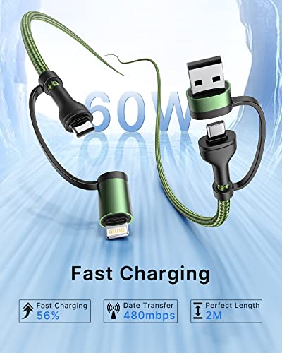 Universal 4-in-1 Multi-Device Charging Cable [2-Pack, 6.6 FT] – 60 W Fast Charging Nylon Braided Lightning & USB-C Cords for i Phone, i Pad, Samsung Galaxy, Mac Book & More – Durable & Tangle-Free Solution for Efficient Powering