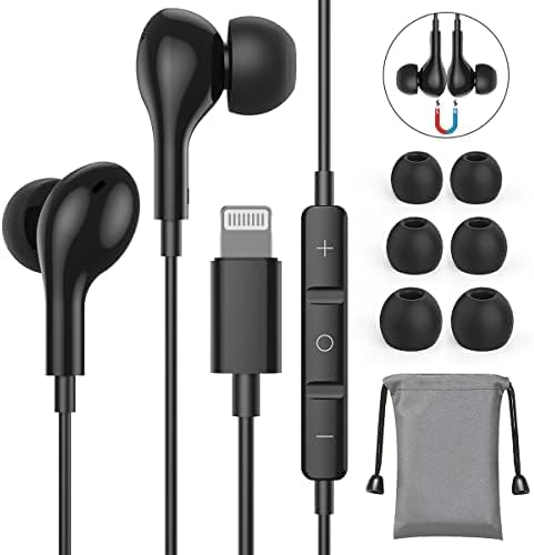 Guguearth Lightning Earbuds: Premium MFi Certified In-Ear Headphones for i Phone with Magnetic Design and Built-in Mic – Superior Sound Quality for i Phone 14, 13, 12, 11 Pro Max, XR, 8, 7 (Black) – Experience Tangle-Free Convenience and Ergonomic Comfort