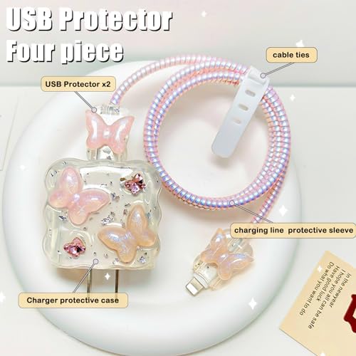 Bling Pink Butterfly Wave Cable Protector for i Phone Charger – Stylish USB Cover and Cord Saver for Lightning Cables, Durable Protection Against Damage, Lightweight and Easy to Clean Charging Accessory