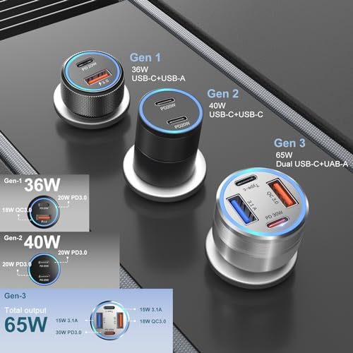 Bangfun 3-Pack 65 W USB C Car Charger – Fast 4-Port QC 3.0 & PD 30 W Adapter for i Phone 15/14/13, i Pad Pro, Samsung & Android Devices – Sleek Silver Cigarette Lighter Charger for Effortless Travel Power Management