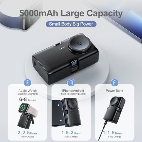 Compact 5000 m Ah Portable Charger for i Phone and Apple Watch – 20 W PD Fast Charging Power Bank with Built-in USB-C Connector for Travel – Compatible with i Phone 15/14/13/12 Pro/Max and Apple Watch 9/8/7/6/SE – Sleek, Lightweight Design for Ultimate Portability and Enhanced Performance