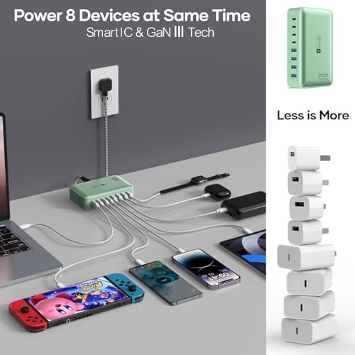 Transform Your Charging Routine with the 200 W 8-Port Fast Charging Hub – Multi-Device USB Station Featuring 65 W Laptop Adapter, Space-Saving Flat Plug, Durable Braided Cable, and User-Friendly On/Off Power Control for Optimal Performance and Safety