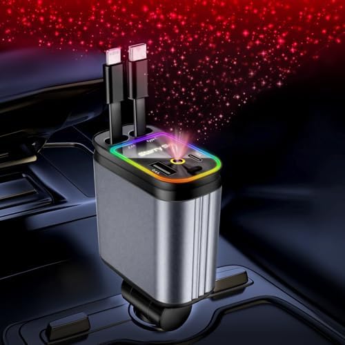 Universal Retractable Car Charger – 4-in-1 Fast Charging Solution for i Phone, Galaxy, Pixel – USB-C & USB-A Compatibility for Ultimate Convenience on the Go