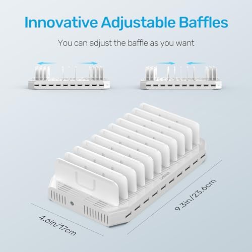 Unitek 10-Port USB Charging Station: Smart IC Technology for Fast, Organized Device Charging with Adjustable Dividers – Ideal for i Pads, Tablets, Kindles & i Phones in Home or Office Settings