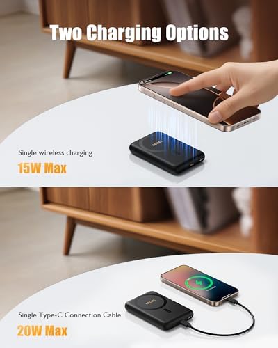 Ultra-Slim 10,000 m Ah Mag Safe Power Bank – 15 W Magnetic Wireless Charger with PD 20 W Fast Charging for i Phone 12-16 Series – Compact Beige Design for Effortless Portability & Simultaneous Dual Device Charging – Includes 22.5 W USB-C Cable for Quick Top-Ups and Hassle-Free Use