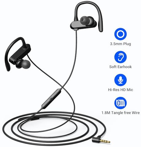 ACAGET 3.5 mm Wired Sports Earbuds with Secure Over-Ear Hooks – Premium Noise-Canceling Headphones for Active Lifestyles – Immerse in Enhanced Bass Audio – Ideal for Gym Workouts, Running, and Office Environments