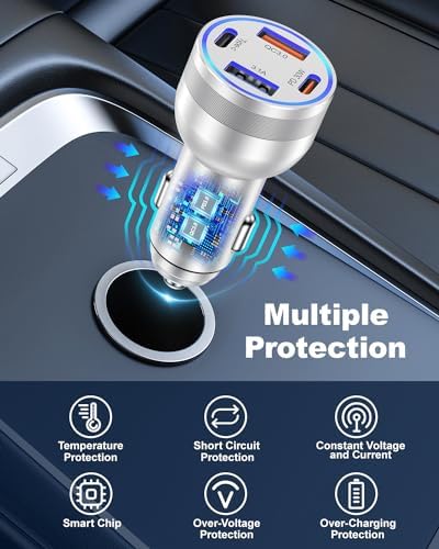 Agtray 65 W 4-Port Fast Charging Car Charger with 6 FT USB C Braided Cable – High-Performance USB C Adapter for i Phone 16, Samsung Galaxy S25, and Pixel 9 – Ultimate Multi-Device Charging Solution for Road Trips and Daily Commutes – Compact, Durable, and Safety-Enhanced Car Accessory