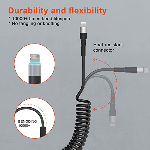Elevate Your Drive: Premium Coiled Lightning Cable for Apple Carplay – MFi Certified, Short USB to Lightning Charger with Data Sync and LED Indicator, Retractable Design for Ultimate Portability and Fast Charging for i Phone, i Pad, and i Pod
