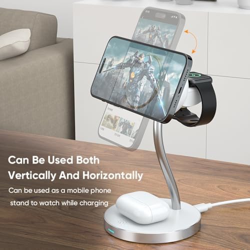 Revolutionary 4-in-1 Wireless Magnetic Charging Station with LED Lamp – Fast 15 W Charger for i Phone 11-16 Series, i Watch, and Air Pods – Sleek Bedside/Desktop Design for Enhanced Device Compatibility and Clutter-Free Convenience