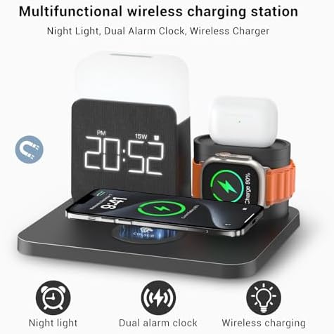 Multifunctional 3-in-1 Charging Station with Alarm Clock and Night Light for i Phone 15, 14, 13, 12, 11, Pro Max & Apple Watch – Space-Saving Wireless Charger Dock for Air Pods – Enhanced Fast Charging and Sleek Design for Home and Office