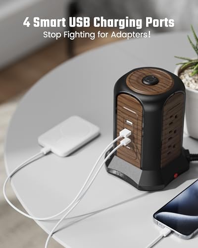 Maximize Your Charging Efficiency with the SUPERDANNY Power Strip Tower Surge Protector – 9 Outlets & 4 USB Ports, 10 Ft Extension Cord, 1080 Joules Surge Protection, Grounded Safety Design for Home and Office Use – Stylish Black Desktop Charging Station for Clutter-Free Solutions