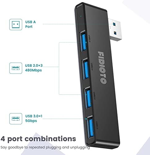 Enhance Your Digital Workspace with Fidioto USB Hub 2 Pack – Versatile 4-Port Adapter for Laptops & Macs, Featuring 1 Ultra-Fast USB 3.0 Port and 3 USB 2.0 Ports for Effortless Device Connectivity and Data Transfer, Ideal for Busy Professionals and Students on the Move