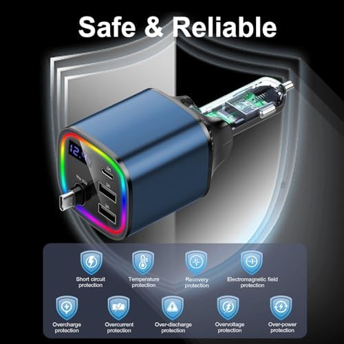 Ultimate AGEMANY 4-in-1 Retractable Car Charger: 78 W Fast Charging USB C Adapter for i Phone 16/15/14/13/12 & Android Devices, Stylish Cigarette Lighter Accessory with RGB Illumination – Perfect Gift for Tech-Savvy Drivers