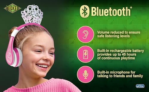 Kid-Friendly Bluetooth Headphones – Wicked Glinda Foldable Wireless Earphones with Built-In Microphone for Safe Listening at Home, School, and Travel – Includes Aux Cable for Ultimate Compatibility and Comfort