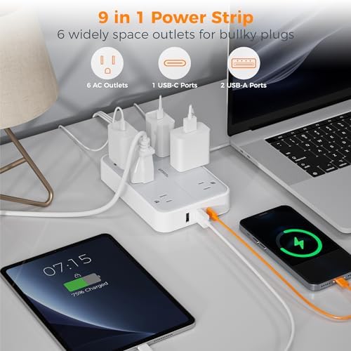 TESSAN 10 FT Flat Extension Cord with Surge Protection: Compact Power Strip Featuring 6 AC Outlets, USB-C & Dual USB-A Ports – Ideal for Home, Office, and Dorm Room Use with Wall Mount Capability for Space-Saving Convenience