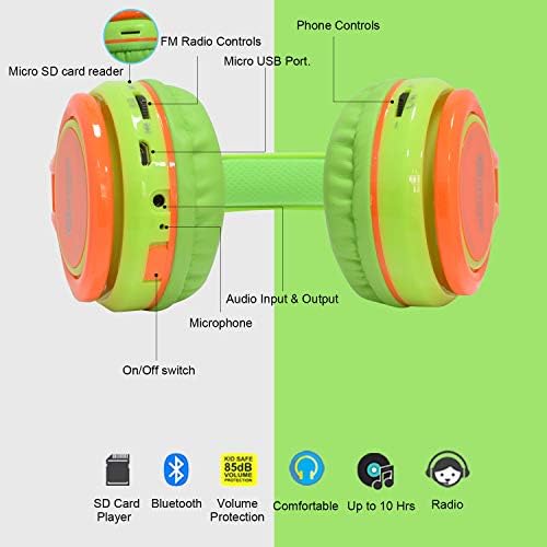Vibrant Contixo KB-2600 Kids Bluetooth Headphones – Safe 85 d B Volume Limiting Over-Ear Design with Built-in Mic, FM Radio & Micro SD Slot – Portable Foldable Fun in Eye-Catching Green & Orange for Ultimate Audio Adventure