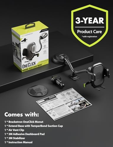 Universal Dashboard Cell Phone Holder by Bracketron – 360° Rotatable Mount with Strong Suction Cup for Secure Smartphone Access in Any Vehicle – Compatible with i Phone, Samsung, Google, Huawei and More – Effortless One-Click Release for Enhanced Safety and Convenience