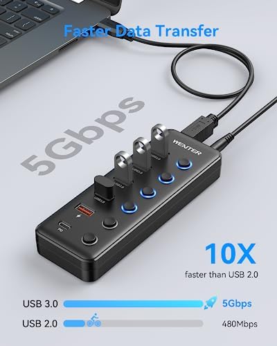Maximize Your Connectivity with the Wenter 5-Port USB 3.0 Hub – Fast Data Transfer and Type-C Charging Hub for Mac & PC, Featuring Individual LED Switches for Power Management and Enhanced Performance