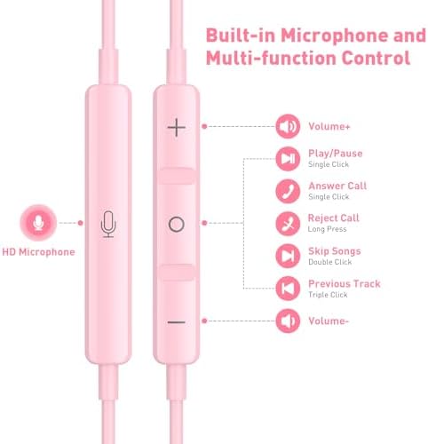 Elevate Your Audio Experience with Pink USB-C Wired Earbuds – Hi-Fi Stereo Sound with Built-in Microphone, Volume Control & Tangle-Free Magnetic Design for i Phone 16/15 Plus & Android Devices – Ideal for Calls, Music, and Podcasts