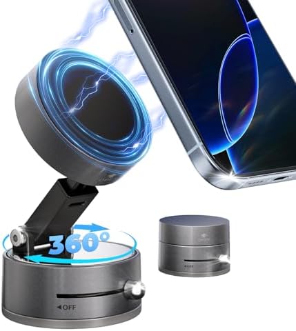 Foldable Vacuum Magnetic car Phone Holder for Magsafe, 360° Rotatable Suction Phone Mount, Strong Suction Cup Magnetic Car Phone Holder for iPhone, Samsung, All Smartphones & All Car Models – Enhanced Compatibility and Speed
