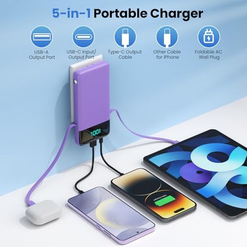 Upgrade Your Charging Experience: 13800 m Ah Portable Power Bank with Built-in Cables and Wall Plug – Fast Charging USB-C Battery Pack for i Phone 16/15/14, Samsung & Android Devices – Ultimate Travel Companion with 4 Outputs for Simultaneous Device Charging
