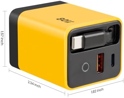 Ultimate 80 W Ga N Fast Charger Module: Versatile 3-in-1 Travel Charging Solution with Type-C Cable & Dual USB Ports for i Phone 15/14, Samsung Galaxy, Mac Book, and More – Compact & Stylish Yellow Power Hub for Maximum Device Compatibility and Speed Efficiency