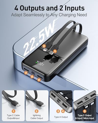 26800 m Ah High-Capacity Portable Fast Charger with Built-in Cables – 22.5 W Power Bank Featuring PD 3.0 & QC 4.0, LED Display for Real-Time Power Monitoring, Ultimate Travel Essential for i Phone, Samsung, Google Devices – Multi-Device Charging with Safety Protections and Universal Compatibility