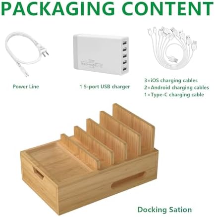 Eco-Friendly Bamboo Multi-Device Charging Station with 5-Port USB Hub, Elegant Desktop Organizer with Tray & Drawer, Includes 6 Durable Cables for Smartphones, Tablets & Smartwatches – Streamlined Power Solution for Clutter-Free Workspaces