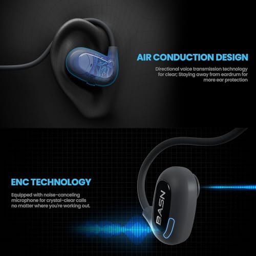 BASN Air S1 Wireless Open Ear Headphones – Advanced Bluetooth 5.3 Technology for Seamless Audio Connectivity – Dynamic 16.2 mm Speakers Delivering Premium Sound Quality – IPX5 Sweat and Water Resistant for Ultimate Durability – Lightweight Ergonomic Design with Enhanced ENC Technology for Crystal Clear Communication – Ideal for Fitness, Running, Cycling, and Outdoor Activities