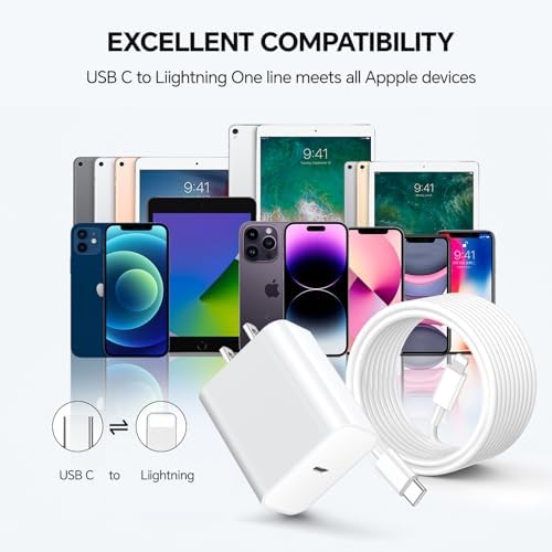 Rapid Charge 20 W PD USB-C Wall Charger Bundle with MFi Certified 6/10 FT Type C to Lightning Cables – Essential Power Solution for i Phone 14/13/12 Series & i Pad – Sleek White/Pink Design for Effortless Portability and Efficiency