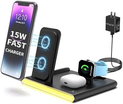 Ultimate 4-in-1 Foldable Wireless Charging Station: Fast Charger for i Phone 11-16, Apple Watch, Air Pods & Galaxy S9-S23 – Portable, Space-Saving Dock with Adapter in Sleek Black for Enhanced Compatibility and Quick Power-Up Solutions