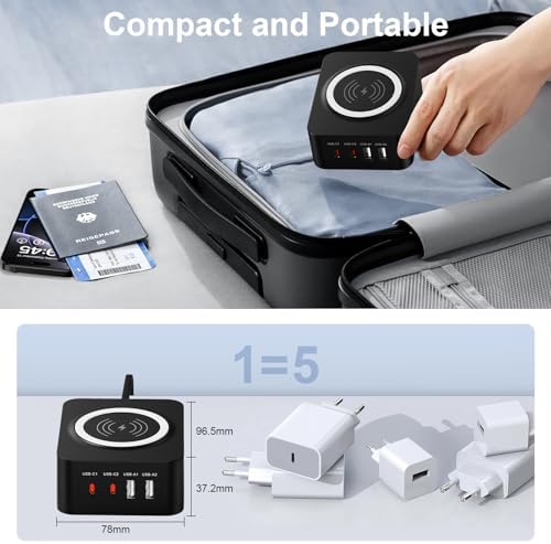 60 W Multi-Port USB Charging Station with 15 W Wireless Charger – Fast Charging Hub for Samsung Galaxy S25 Ultra, i Phone 16, and Google Pixel 9 Pro – Compact Travel Wall Adapter for Ultimate Device Compatibility and Efficiency