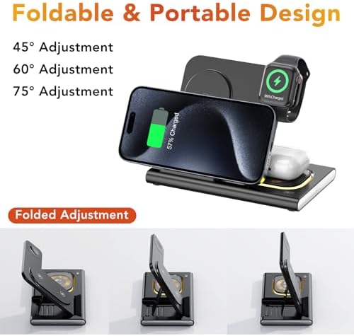 Ultra-Convenient 3-in-1 Foldable Wireless Charging Dock for Apple Devices – Rapid Power-Up Station for i Phone 16/15/14/13/12/11/X/XS, Apple Watch Series 10/9/8/7/Ultra2/Ultra/SE, and Air Pods Pro/2/3/4 – Lightweight Travel Charger with Integrated LED Light for Enhanced Portability and Efficiency