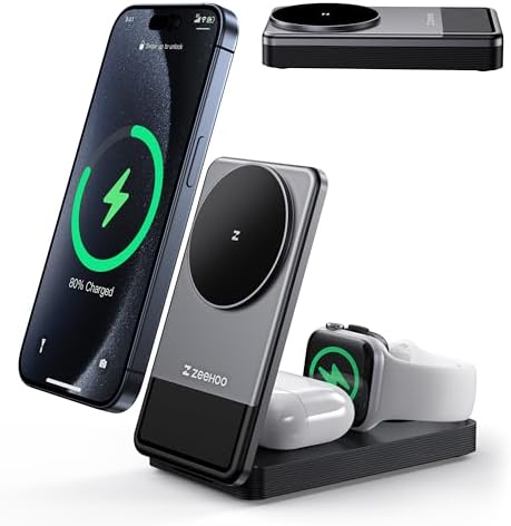 ZEEHOO 3-in-1 Portable Fast Wireless Charging Station – Foldable Mag Safe-Compatible Charger for i Phone 16/15/14/13/12, Air Pods & Apple Watch – Ultimate Convenience for Efficient Power Management and Travel Ready Design