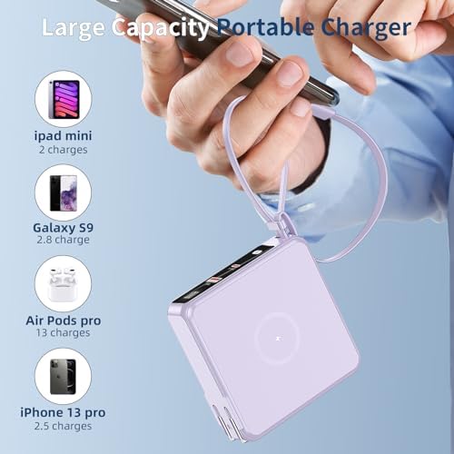 Ultimate 10,000 m Ah Portable Charger with Built-in Cables & AC Plug – PD 22.5 W Fast Wireless Power Bank for i Phone 16/15/14, Samsung S23/S22, Android Devices – Effortless Charging Anytime, Anywhere