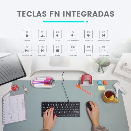 Perixx PERIBOARD-332 Compact Mini USB Keyboard – Sleek White Backlit QWERTY Spanish Layout with Silent X-Type Scissor Keys for Enhanced Typing Comfort – Perfect for Limited Desk Spaces and Effortless Plug-and-Play Setup